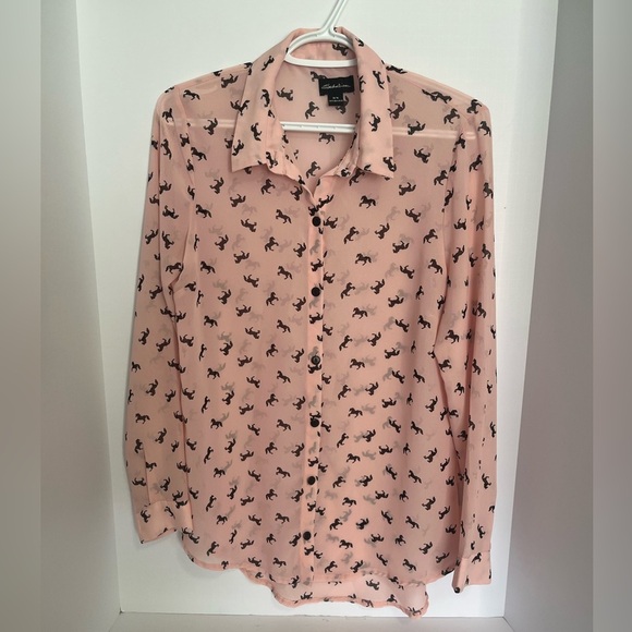 Seduction Pink Blouse Black Horse Print Women’s M Long Sleeve Horses - Picture 1 of 11